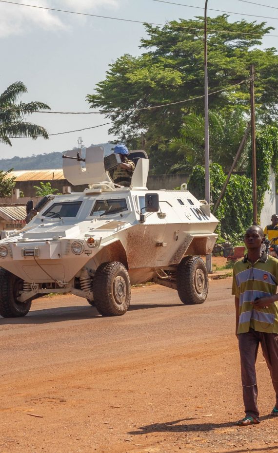 Peacekeepers patrolling in the streets of Bangui, Central African Republic. March 11 2014.