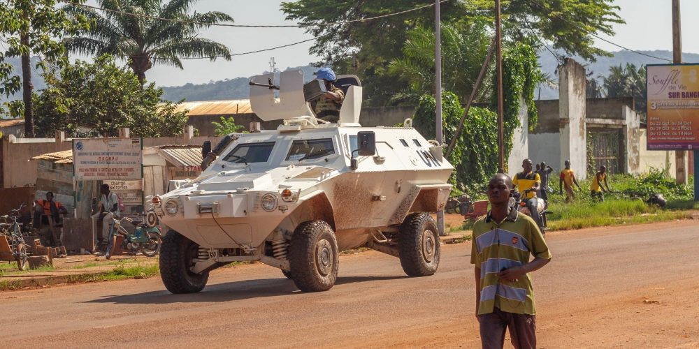 Peacekeepers patrolling in the streets of Bangui, Central African Republic. March 11 2014.